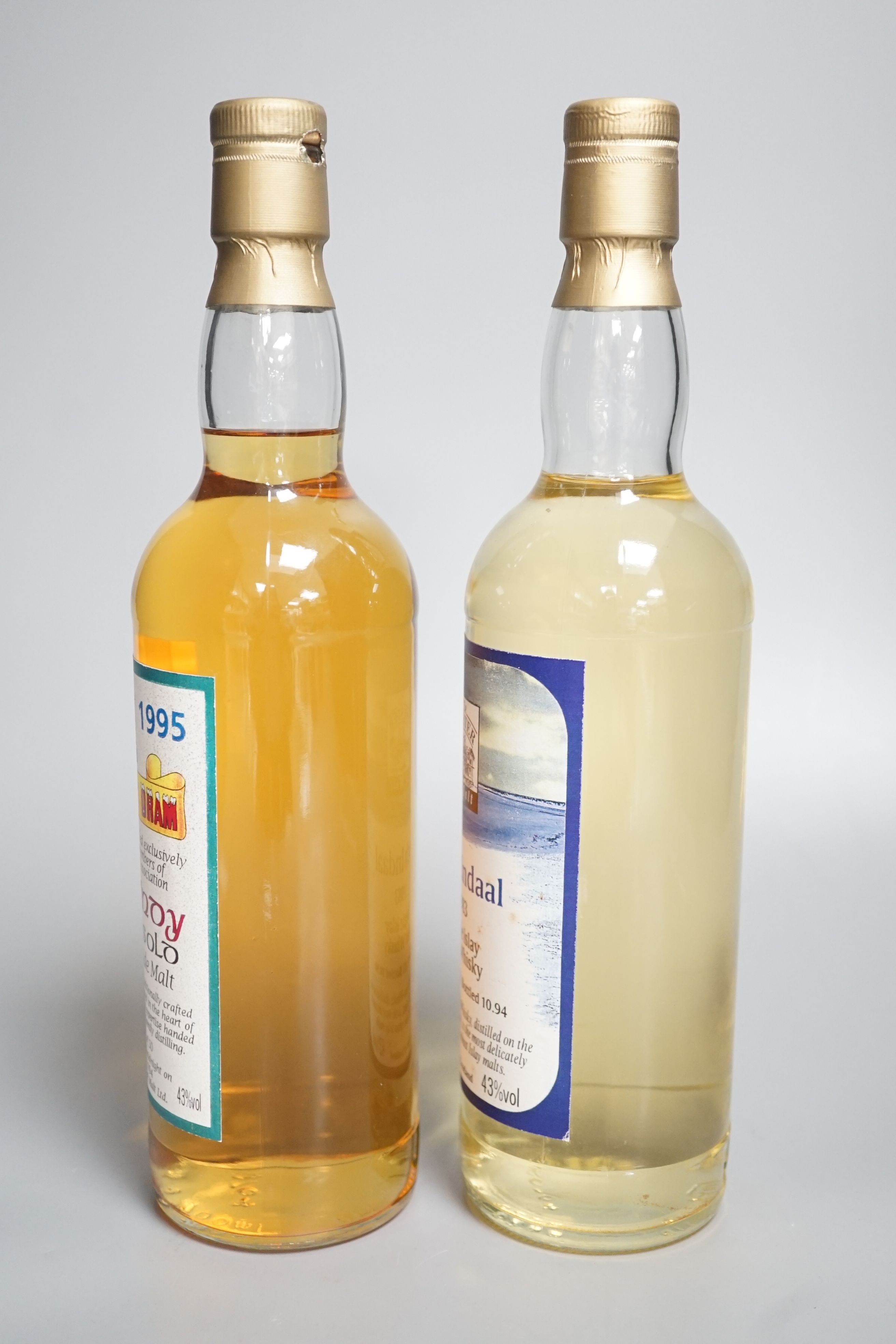 Two limited edition 'Master of Malt' series whiskies: 1983 Loch Indaal, distilled 3.83 bottled 10.94. together with 1994/5 21 year old Blairfinoy, bottle 4/50 'Not to be opened until midnight on 31 Dec 1994' (2)